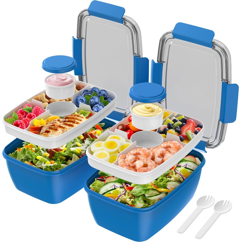 Cherrysea 2Pack Salad Lunch Container, 68oz Salad Bowls with 4 Compartments Tray,Leak Proof Lunch Box with Fork for Men,Women BPA-Free Snack Box with Sauce Container for Dressings - Blue - Image 1