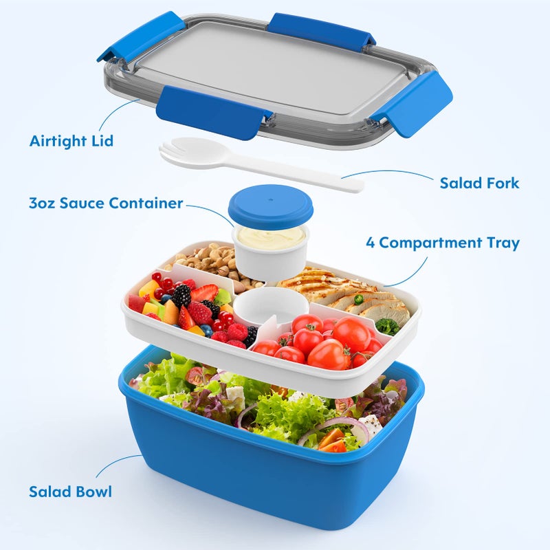 Cherrysea 2Pack Salad Lunch Container, 68oz Salad Bowls with 4 Compartments Tray,Leak Proof Lunch Box with Fork for Men,Women BPA-Free Snack Box with Sauce Container for Dressings - Blue - Image 2