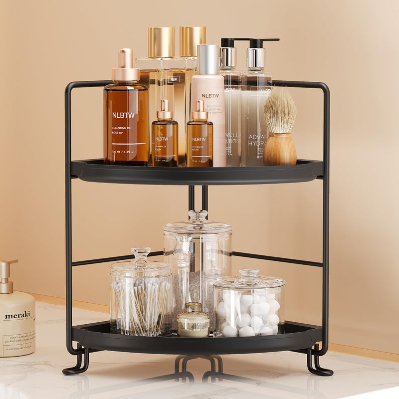 NLBTW 2 Tier Corner Bathroom Countertop Organizer, Tool-Less Installation Vanity Tray for Skincare Makeup Perfume Organizer, Small Plastics Counter Bathroom Storage and Organization (Black) - Image 1