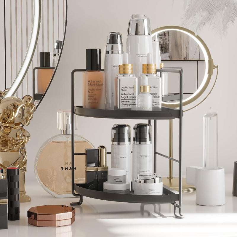 NLBTW 2 Tier Corner Bathroom Countertop Organizer, Tool-Less Installation Vanity Tray for Skincare Makeup Perfume Organizer, Small Plastics Counter Bathroom Storage and Organization (Black) - Image 5