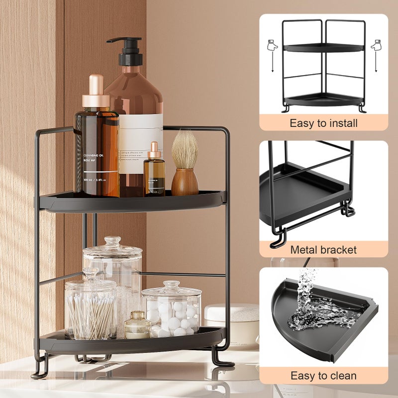 NLBTW 2 Tier Corner Bathroom Countertop Organizer, Tool-Less Installation Vanity Tray for Skincare Makeup Perfume Organizer, Small Plastics Counter Bathroom Storage and Organization (Black) - Image 3