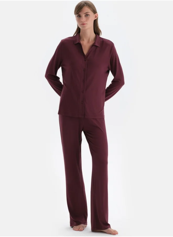 داجي Shirt & Trousers Pajama Set Spread Collar Modal Mid Rise Sleepwear