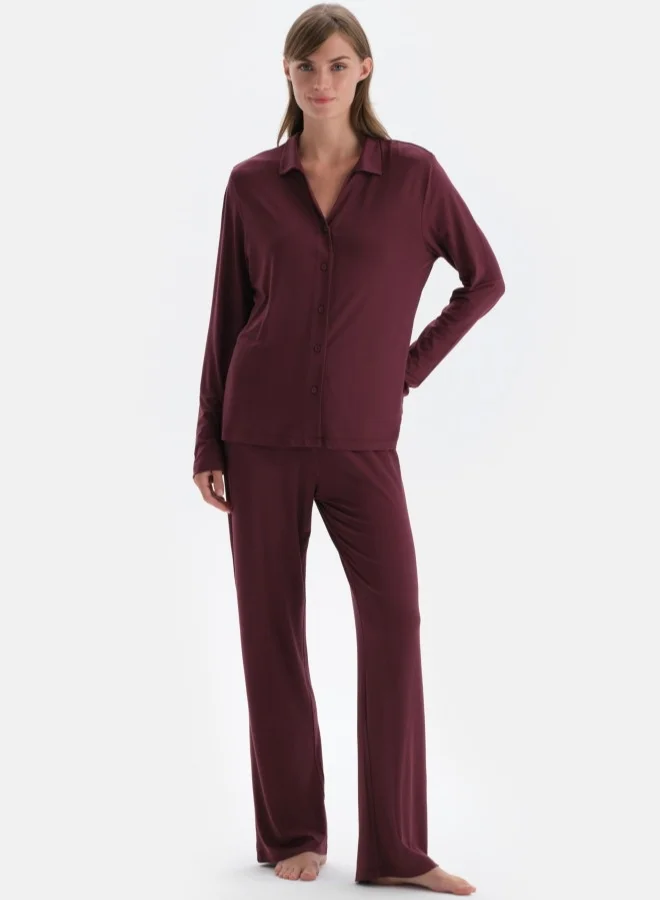 dagi Shirt & Trousers Pajama Set Spread Collar Modal Mid Rise Sleepwear