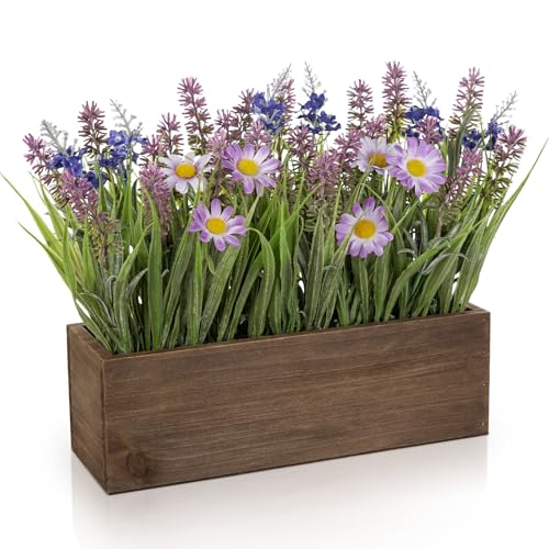 Villa Como Artificial Lavender Flowers Arrangement in Rectangular Wood Planter Box, 10.6" Fake Potted Lavender Flowers with Daisies, Faux Lavender Plant for Centerpieces, Window Sill, Shelf, Home & Office Decor - Image 1