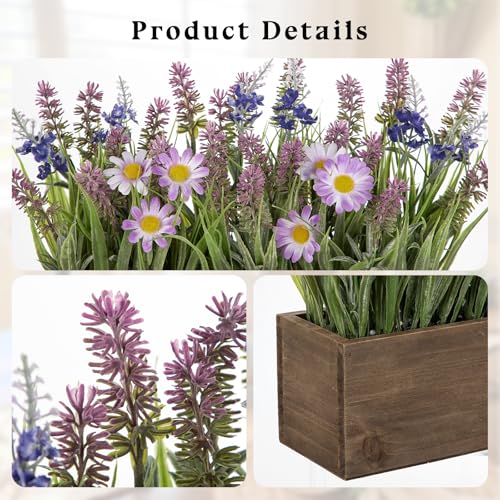 Villa Como Artificial Lavender Flowers Arrangement in Rectangular Wood Planter Box, 10.6" Fake Potted Lavender Flowers with Daisies, Faux Lavender Plant for Centerpieces, Window Sill, Shelf, Home & Office Decor - Image 3