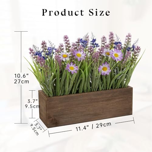 Villa Como Artificial Lavender Flowers Arrangement in Rectangular Wood Planter Box, 10.6" Fake Potted Lavender Flowers with Daisies, Faux Lavender Plant for Centerpieces, Window Sill, Shelf, Home & Office Decor - Image 2