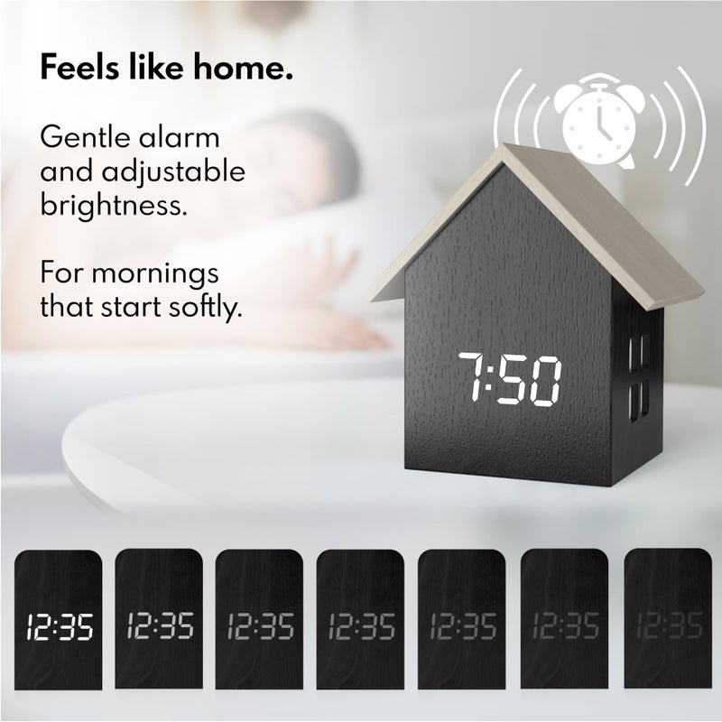 Driini Digital House Shaped Alarm Clock with Temperature Display (Dark Wood) â€“ Modern Aesthetic with Cute Cube Frame and White LED Dimmer - Perfect Small Desk Clock for Bedside Table or Bedroom Mantle - Image 2