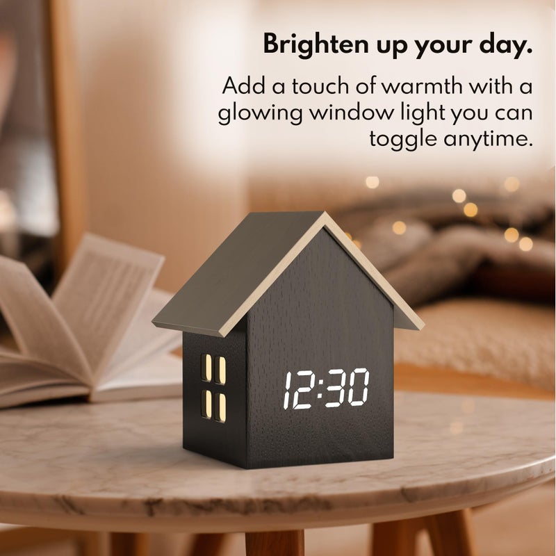 Driini Digital House Shaped Alarm Clock with Temperature Display (Dark Wood) â€“ Modern Aesthetic with Cute Cube Frame and White LED Dimmer - Perfect Small Desk Clock for Bedside Table or Bedroom Mantle - Image 4