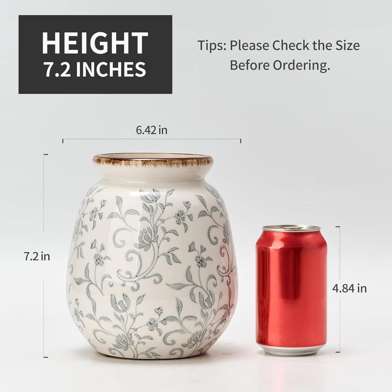 SIDUCAL Long term use design Ceramic Vintage Pastoral Vase, 7.2 Inch Chinoiserie Floral Vase, Retro Ice Cracked Rustic Farmhouse Vases for Home Decor, Living Room, Bookshelf, Office, Tuscan Decor, Gray Floral Rack friendly - Image 4