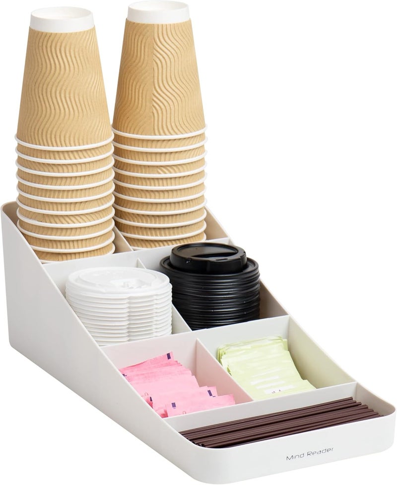 Mind Reader 7 Compartment Coffee Condiment, Cups, Lids, Sugars, Stirrers,Storage Organizer, White - Image 1