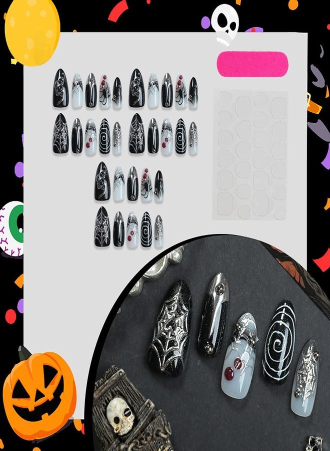 KRTBKR 30Pcs Halloween Press on Nails Medium Almond French Tip Fake Nails Spider Web with 3D Gems Design Black Full Cover Artificial Gothic Glue on Nails Y2k False Nails Stick on Nail for Women - Image 5