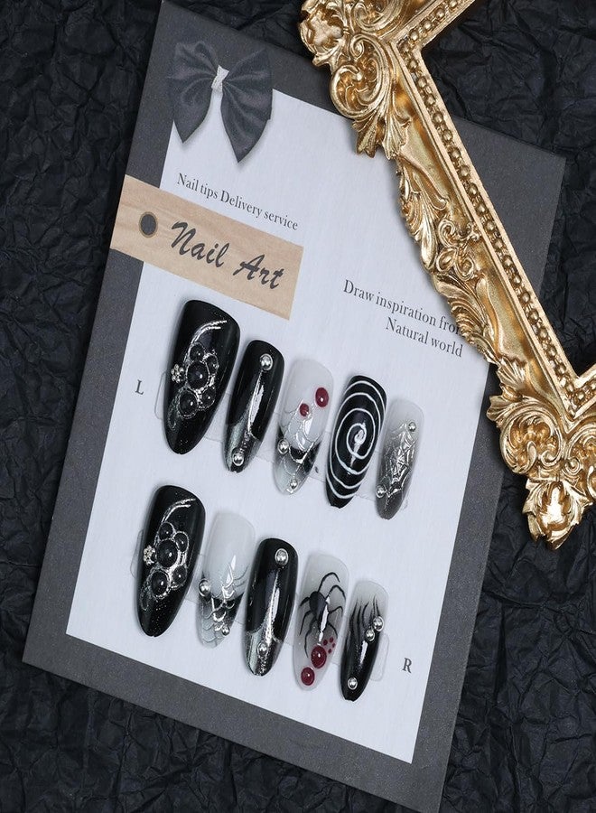 KRTBKR 30Pcs Halloween Press on Nails Medium Almond French Tip Fake Nails Spider Web with 3D Gems Design Black Full Cover Artificial Gothic Glue on Nails Y2k False Nails Stick on Nail for Women - Image 2