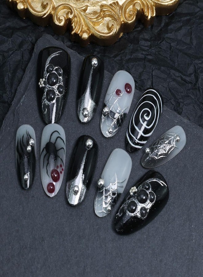 KRTBKR 30Pcs Halloween Press on Nails Medium Almond French Tip Fake Nails Spider Web with 3D Gems Design Black Full Cover Artificial Gothic Glue on Nails Y2k False Nails Stick on Nail for Women - Image 3
