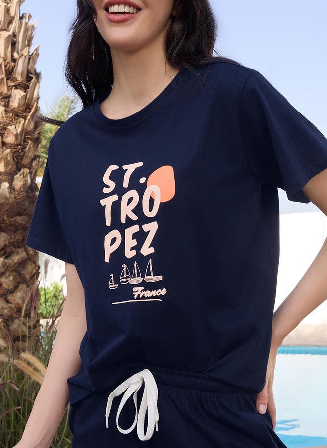 beebelle Navy Blue Printed Top & Track Pants Co-Ord Set - Image 2