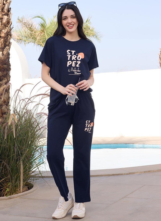 beebelle Navy Blue Printed Top & Track Pants Co-Ord Set - Image 5