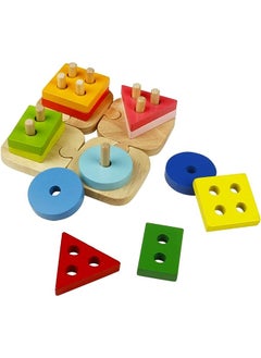 Shape Stacking Puzzle - 12 Pieces, Geometric Wooden Shape Sorter Puzzle | Multi-colorwooden Sorting And Stacking Toys for Toddlers | Educational Geometric Sorting Board For Kids 3 Years and Up