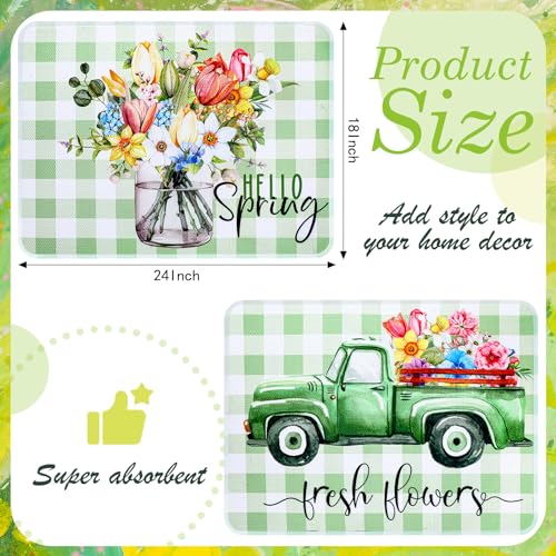 SiliFine 2 Pcs Dish Drying Mat for Kitchen Spring Floral Absorbent Microfiber Dish Mat Counter 18 x 24 Inch Truck Flower Leaves Draining Green Drying Reusable Washable Pad - Image 3