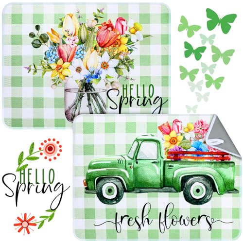SiliFine 2 Pcs Dish Drying Mat for Kitchen Spring Floral Absorbent Microfiber Dish Mat Counter 18 x 24 Inch Truck Flower Leaves Draining Green Drying Reusable Washable Pad - Image 1