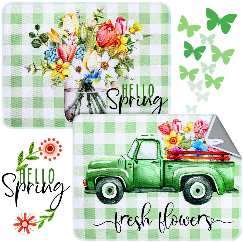 SiliFine 2 Pcs Dish Drying Mat for Kitchen Spring Floral Absorbent Microfiber Dish Mat Counter 18 x 24 Inch Truck Flower Leaves Draining Green Drying Reusable Washable Pad - Image 2