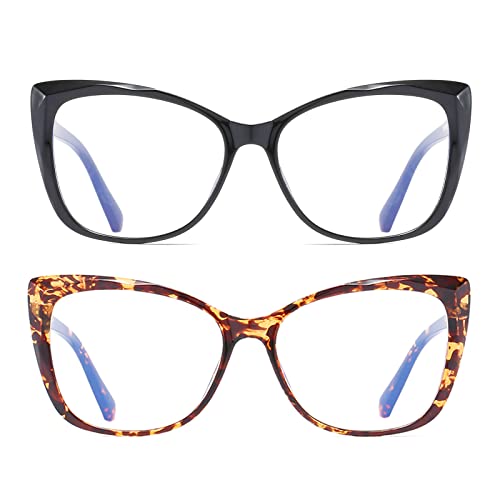 OWTXIS 2 Pack Oversized Cat-Eye Reading Glasses for Women, Lightweight Large Frame Fashion Readers (Black+Tortoise +1.25) - Image 2