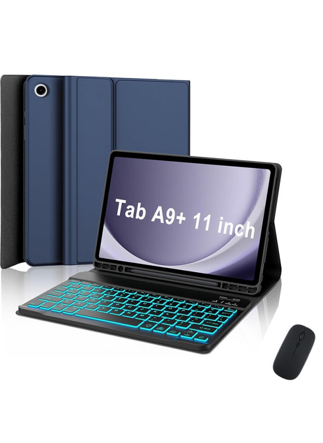 Generic - For Samsung Tablet A9Plus11 Inch Protective Case Backlit Bluetooth Keyboard Pen Slot Leather Case Spanish-Color:Navy Blue Leather Case + Simple Black Square Cap Backlit Keyboard + Mouse-Product Type:Samsung Tab A9 Plus 11inch /sm-x210/x216/x218 - Image 1