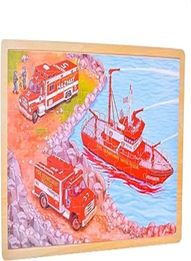 Generic Wooden Rectangle Large Puzzle Board With Fire Department Design To Develop Kids Skills Set Of 100 Pieces 45x30 CM - Multi Color