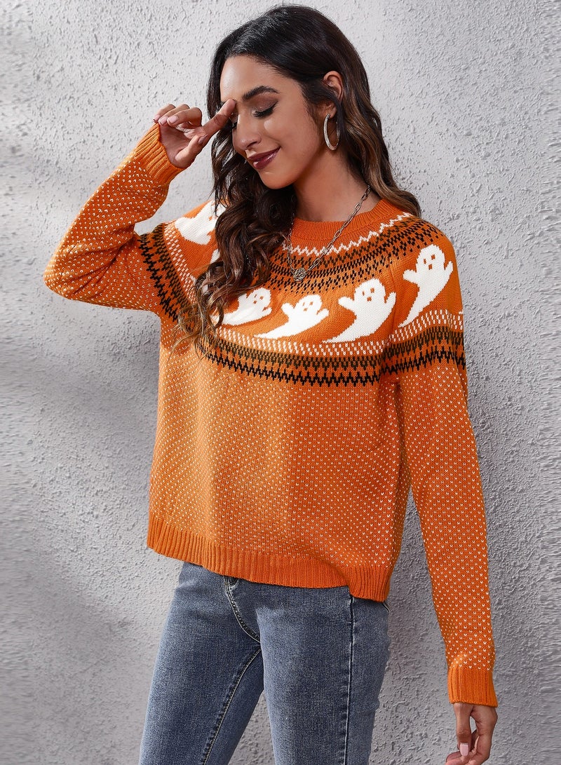 NIBEMINENT Women's crew neck sweater long sleeve pullover casual leopard print knitted sweater soft coat cute ghost pattern  - Image 2