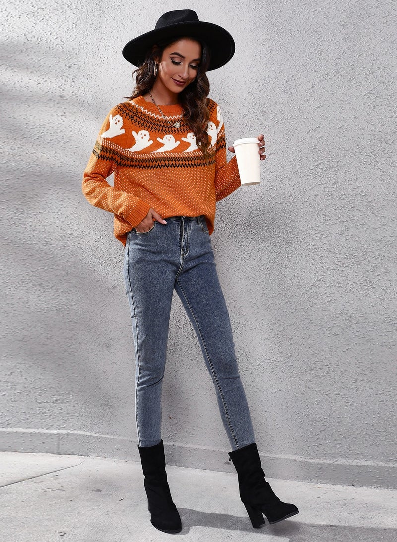 NIBEMINENT Women's crew neck sweater long sleeve pullover casual leopard print knitted sweater soft coat cute ghost pattern  - Image 5