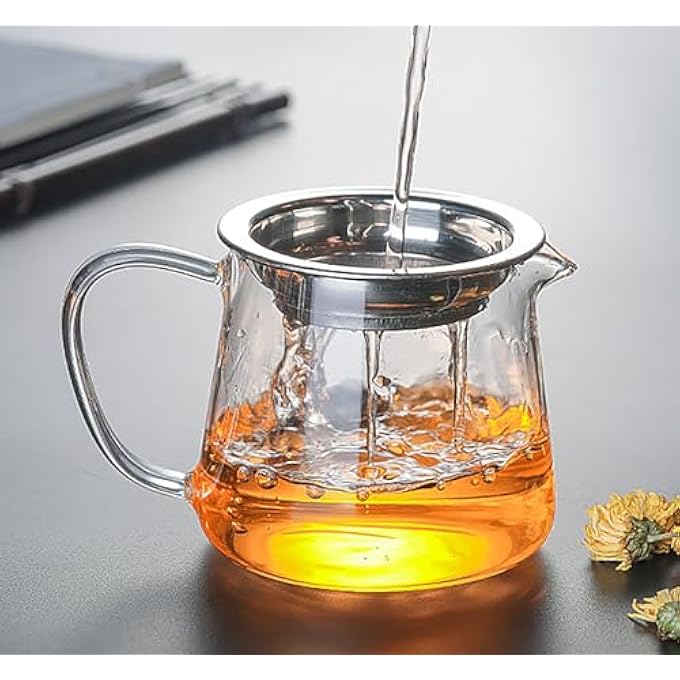 YY-ريشير موزع إبريق شاي زجاجي مقاوم للحرارة، غلاية شاي من زجاج البورسليكات العالي مع مصفاة من الفولاذ المقاوم للصدأ لأوراق الشاي السائبة وآمنة للاستخدام على الموقد بسعة 300 مل - Image 3