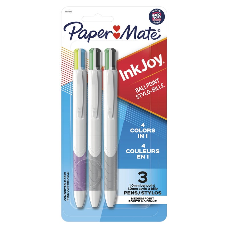 Paper Mate أقلام حبر جاف قابلة للسحب من بيبر ميت إنك جوي كواترو، نقطة متوسطة، ألوان متنوعة، عبوة 3 أقلام - Image 1