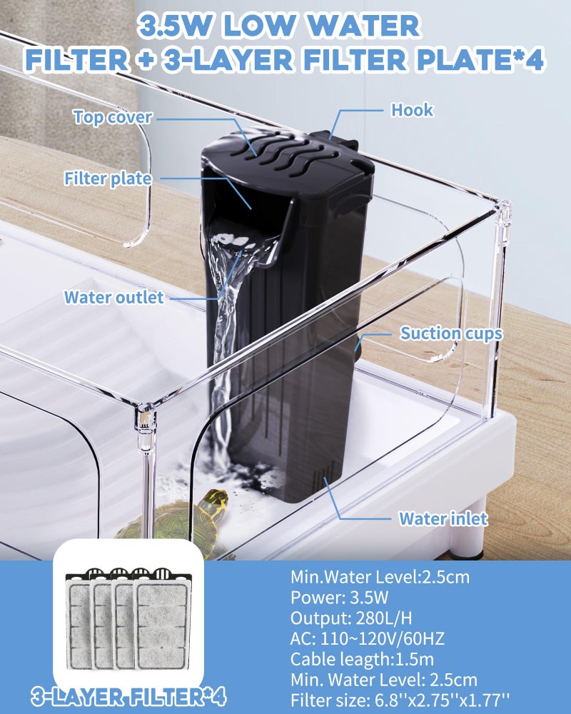 Moonorange Turtle Tank Filter(3.5W), Small Fish Tank Filter, Silent Aquarium Filter for Small Tanks Up to 15Gallon, with 4pcs Cartridges.(Black) - Image 2