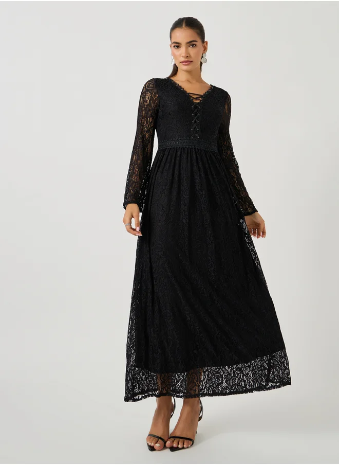 ستايلي Lace Long Sleeves A-Line Maxi Dress