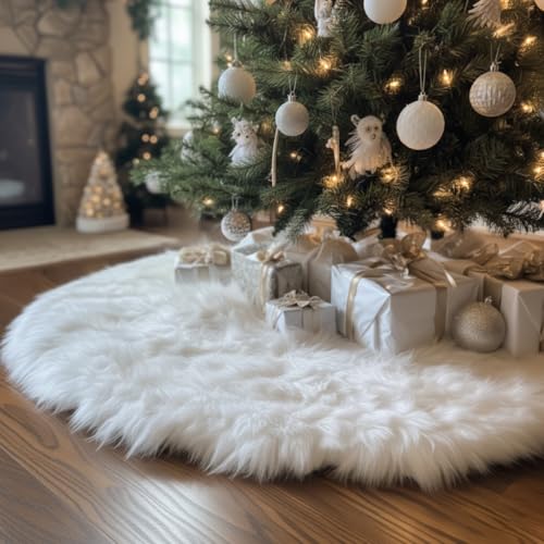 AISENO 30 White Faux Fur Christmas Tree Skirt, Luxury Plush Tree Base Cover for Holiday Party and Home Christmas Decor - Image 1