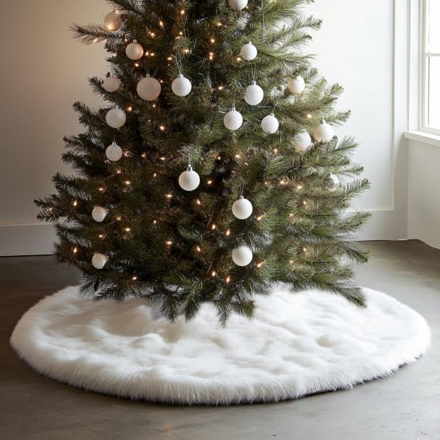 AISENO 30 White Faux Fur Christmas Tree Skirt, Luxury Plush Tree Base Cover for Holiday Party and Home Christmas Decor - Image 2