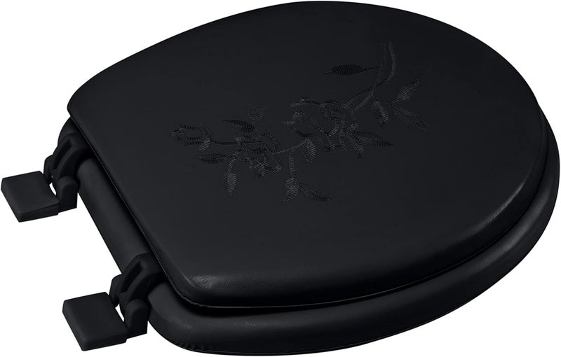 Bath Bliss مقعد مرحاض دائري ناعم إضافي | غطاء فينيل زخرفي | مفصلات غير قابلة للانزلاق مع براغي سريعة قابلة للتعديل | حمام | أسود - Image 5