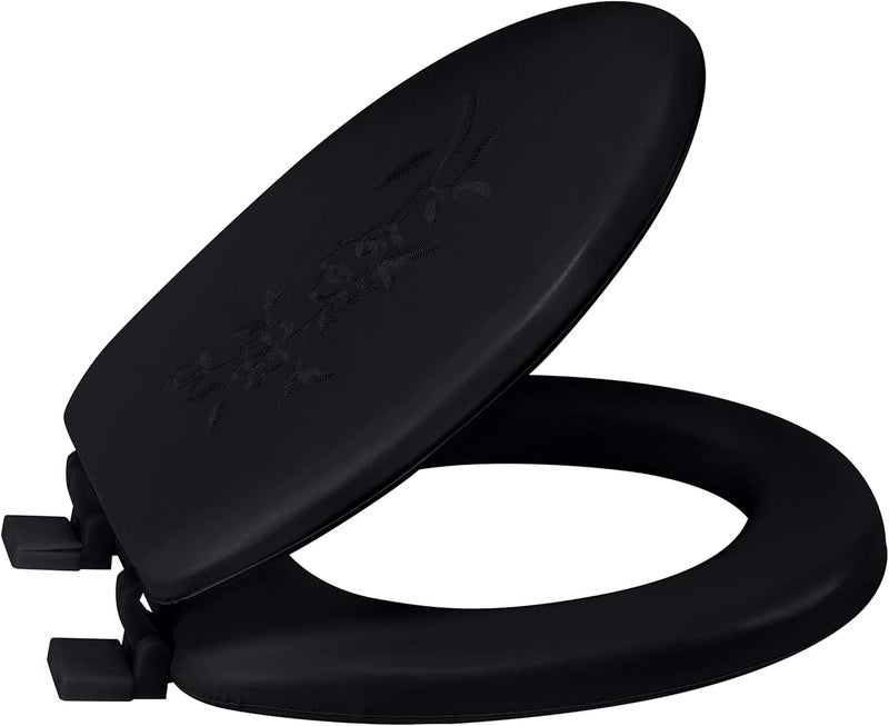 Bath Bliss مقعد مرحاض دائري ناعم إضافي | غطاء فينيل زخرفي | مفصلات غير قابلة للانزلاق مع براغي سريعة قابلة للتعديل | حمام | أسود - Image 1