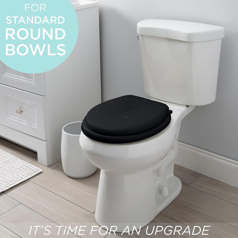 Bath Bliss مقعد مرحاض دائري ناعم إضافي | غطاء فينيل زخرفي | مفصلات غير قابلة للانزلاق مع براغي سريعة قابلة للتعديل | حمام | أسود - Image 2