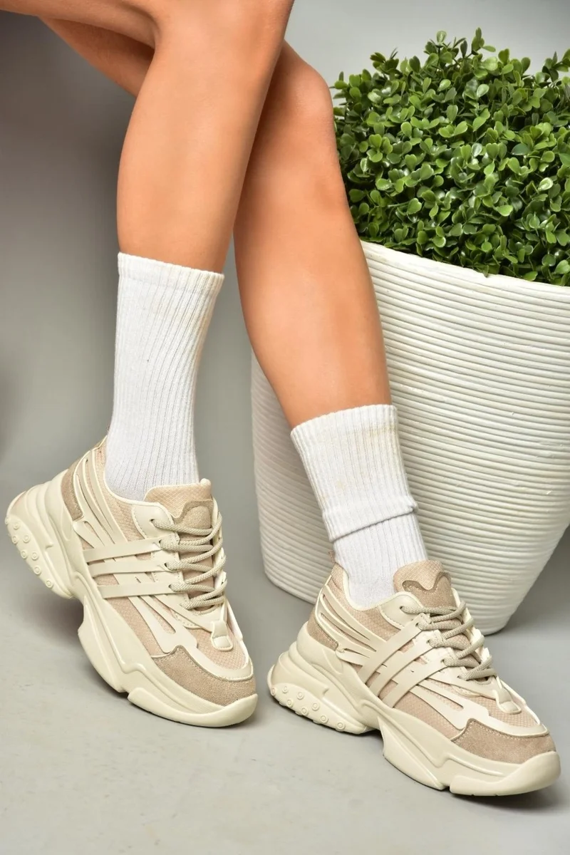 فوكس شوز S973602404 Beige Fabric Thick Soled Sports Shoes Sneakers