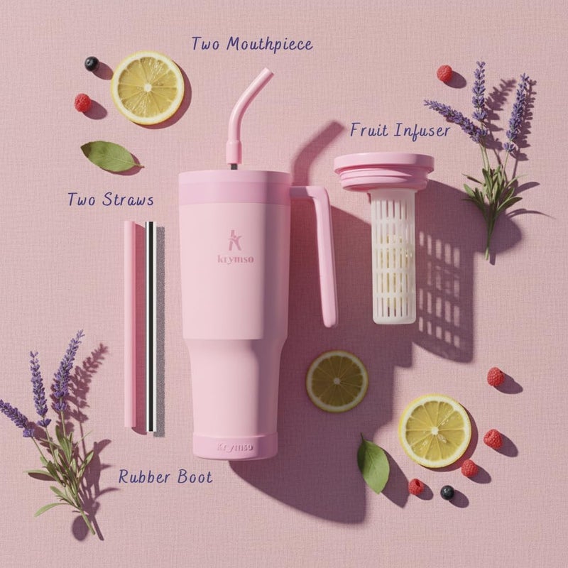 KRYMSO 1200ml Stainless Steel Tumbler with Handle, Straw Lid, Silicon Base, Vacuum Insulated, Leak-Proof, Reusable Travel Mug for Coffee, Smoothie, Water, Iced Drinks with infuser (Pink) - Image 2