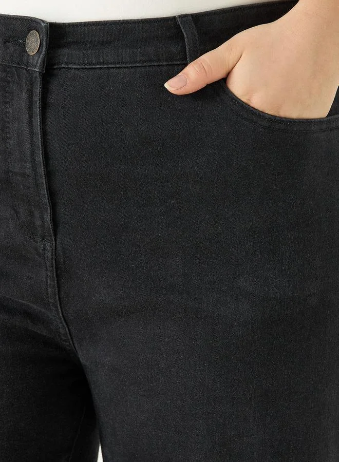 Ulla Popken Plus Size Ulla Popken Solid Wide Leg Jeans with Pockets