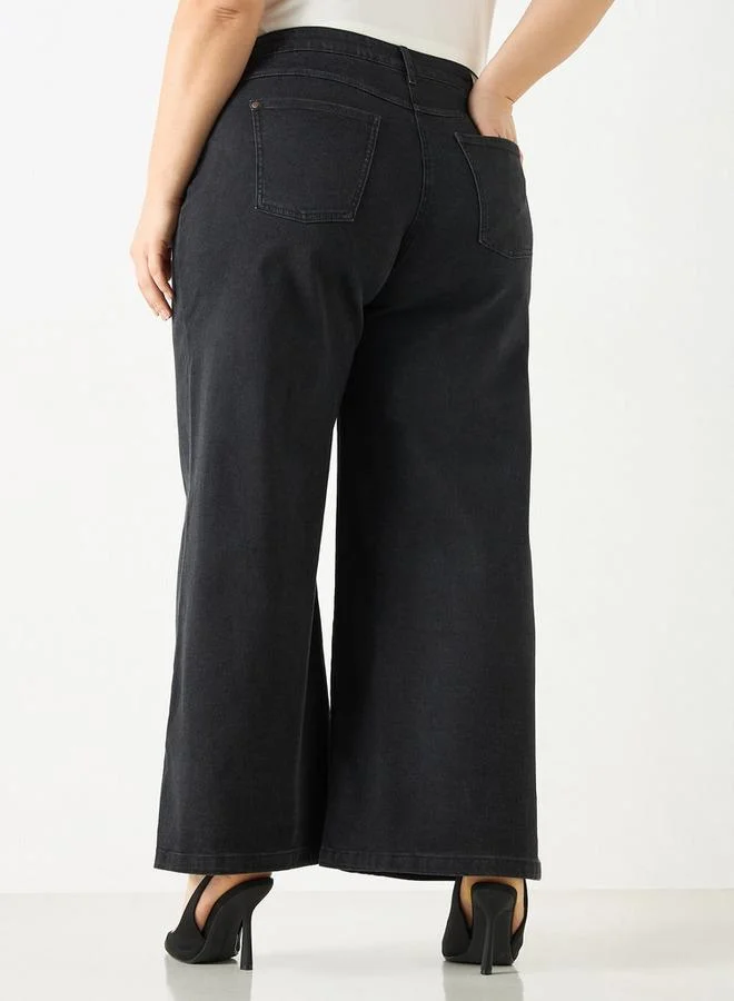 Ulla Popken Plus Size Ulla Popken Solid Wide Leg Jeans with Pockets