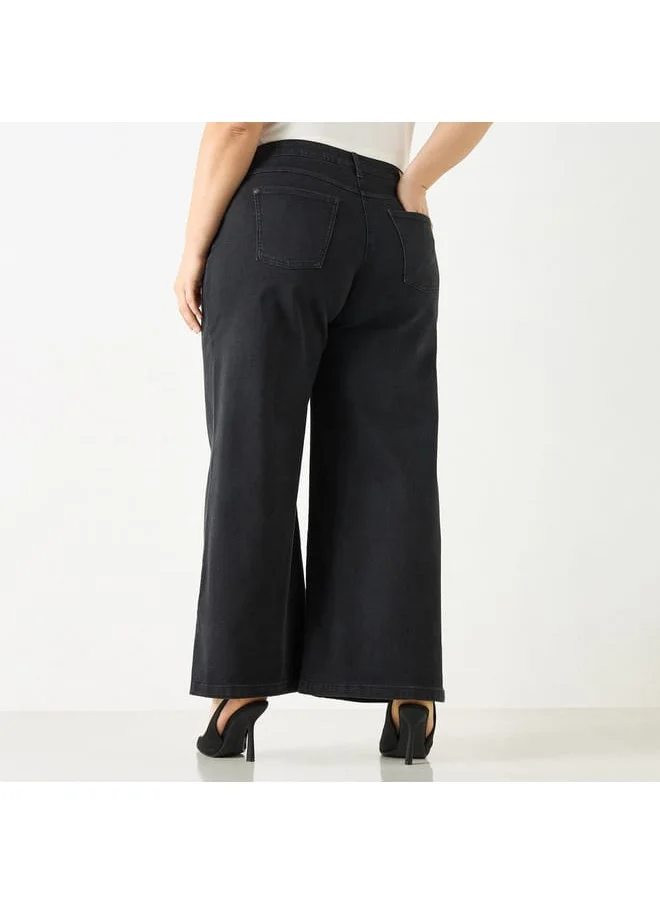 Ulla Popken Plus Size Ulla Popken Solid Wide Leg Jeans with Pockets