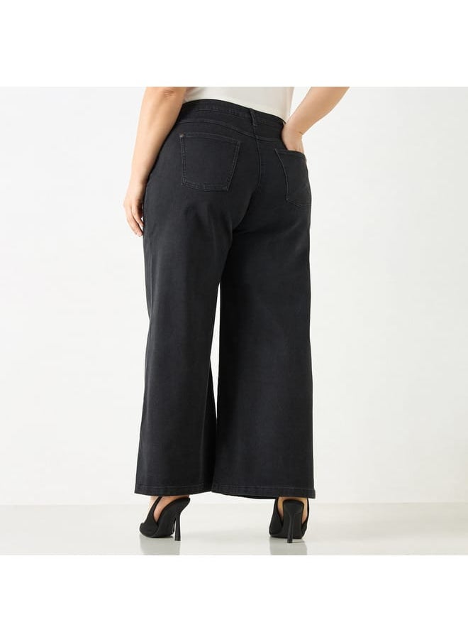 Ulla Popken Plus Size Ulla Popken Solid Wide Leg Jeans with Pockets  - Image 3