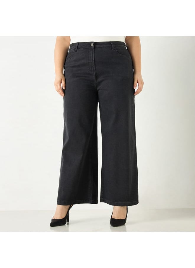 Ulla Popken Plus Size Ulla Popken Solid Wide Leg Jeans with Pockets  - Image 1