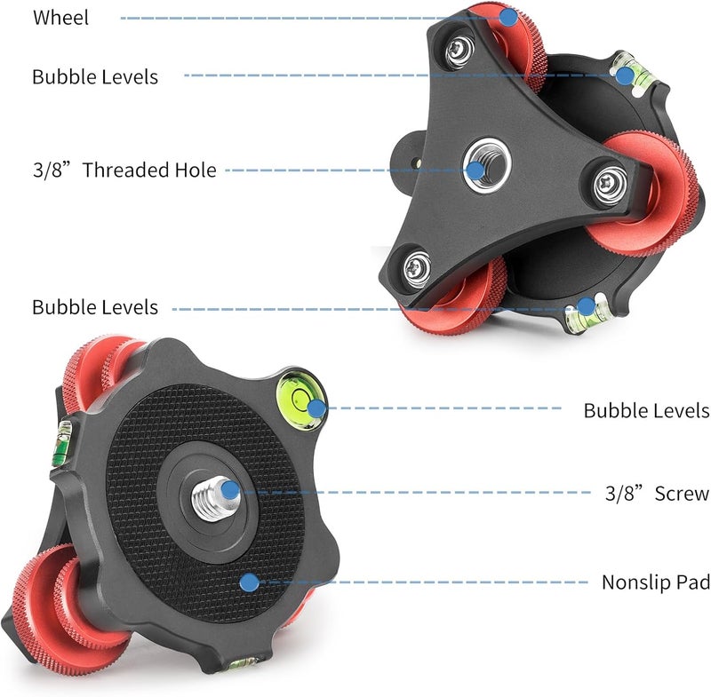 CAVIX Camera Leveler Tripod Leveling Base Tri-Wheel Head for Macro Photography Aluminum w Bubble Level 3 Axis Level with +/-5 Degree Precision Adjustment for DSLR Camera Rotator Panoramic Head LP-64 - Image 5