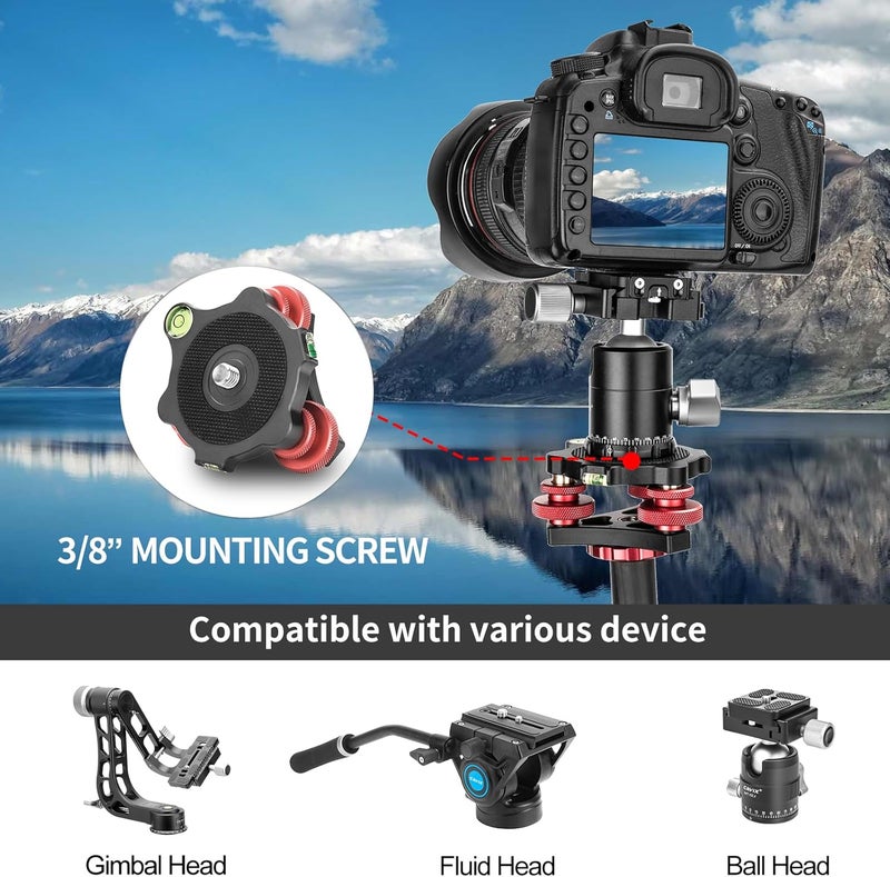 CAVIX Camera Leveler Tripod Leveling Base Tri-Wheel Head for Macro Photography Aluminum w Bubble Level 3 Axis Level with +/-5 Degree Precision Adjustment for DSLR Camera Rotator Panoramic Head LP-64 - Image 2