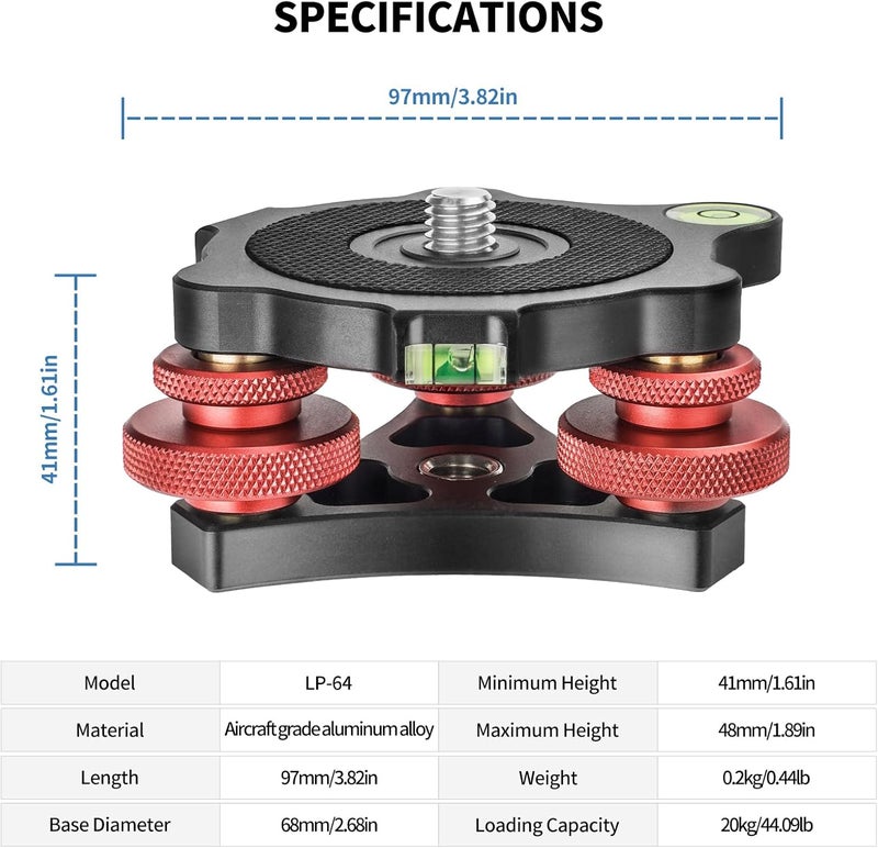 CAVIX Camera Leveler Tripod Leveling Base Tri-Wheel Head for Macro Photography Aluminum w Bubble Level 3 Axis Level with +/-5 Degree Precision Adjustment for DSLR Camera Rotator Panoramic Head LP-64 - Image 3