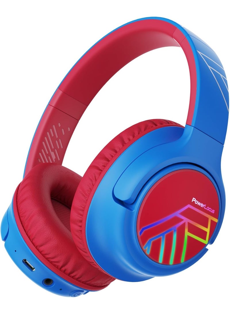 PowerLocus Bobo Children's Bluetooth Over Ear Headphones, LED Lights, Foldable, 74/85/94 dB Volume Limit, Blue/Red - Image 1