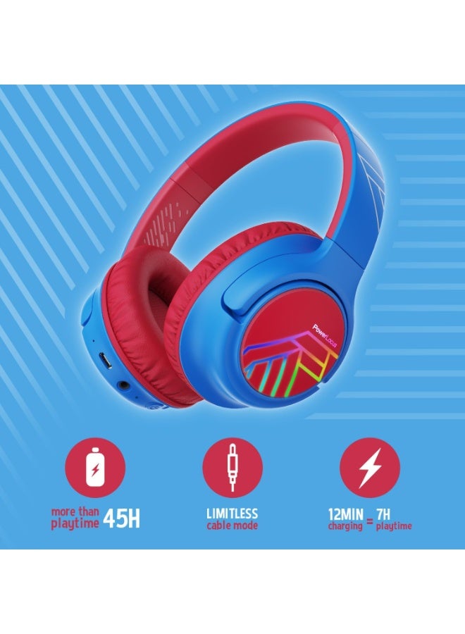 PowerLocus Bobo Children's Bluetooth Over Ear Headphones, LED Lights, Foldable, 74/85/94 dB Volume Limit, Blue/Red - Image 2