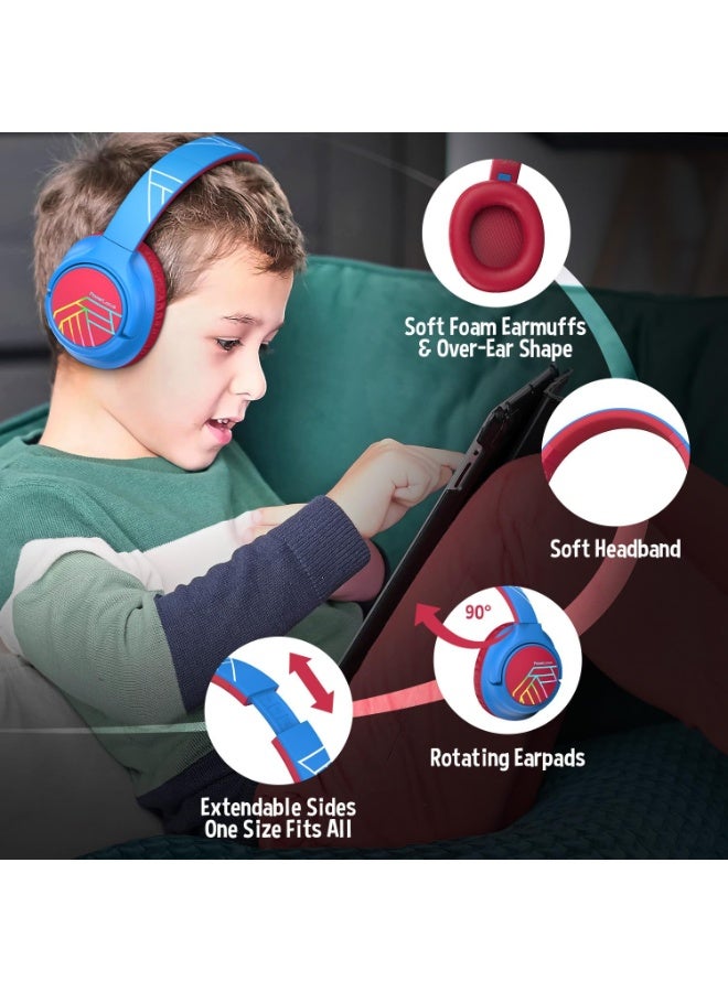 PowerLocus Bobo Children's Bluetooth Over Ear Headphones, LED Lights, Foldable, 74/85/94 dB Volume Limit, Blue/Red - Image 5